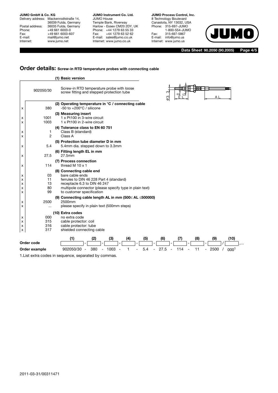 Order details | JUMO 902050 Screw-In RTD Temperature Probe with Connecting Cable Data Sheet User Manual | Page 4 / 5