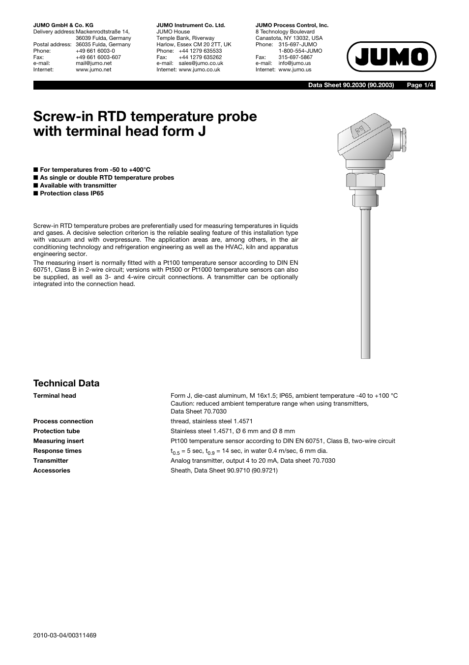 JUMO 902030 Screw-in RTD Temperature Probe with Form J Terminal Head Data Sheet User Manual | 4 pages