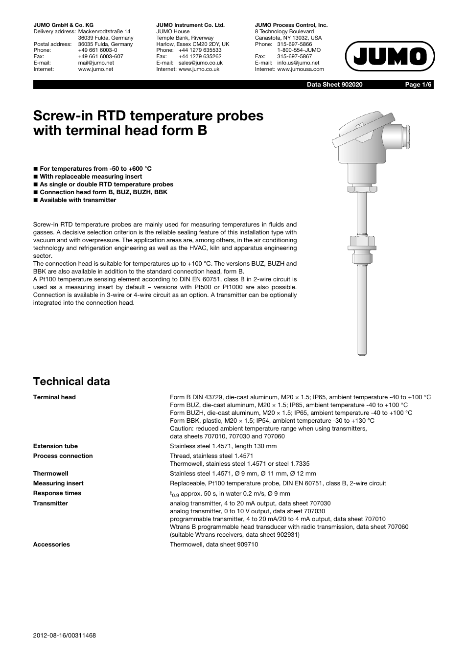 JUMO 902020 Screw-in RTD Temperature Probe with Form B Terminal Head Data Sheet User Manual | 6 pages