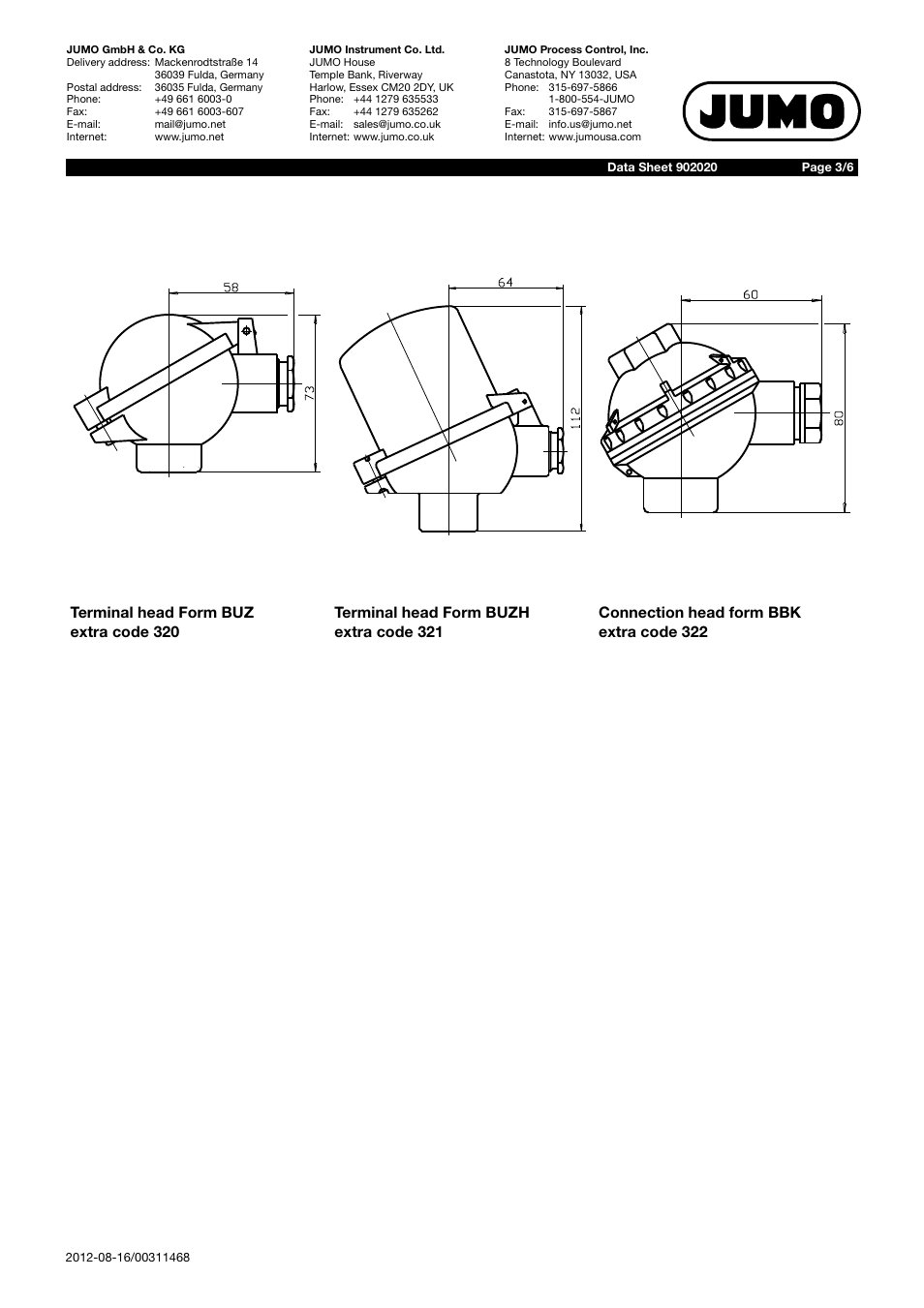 JUMO 902020 Screw-in RTD Temperature Probe with Form B Terminal Head Data Sheet User Manual | Page 3 / 6
