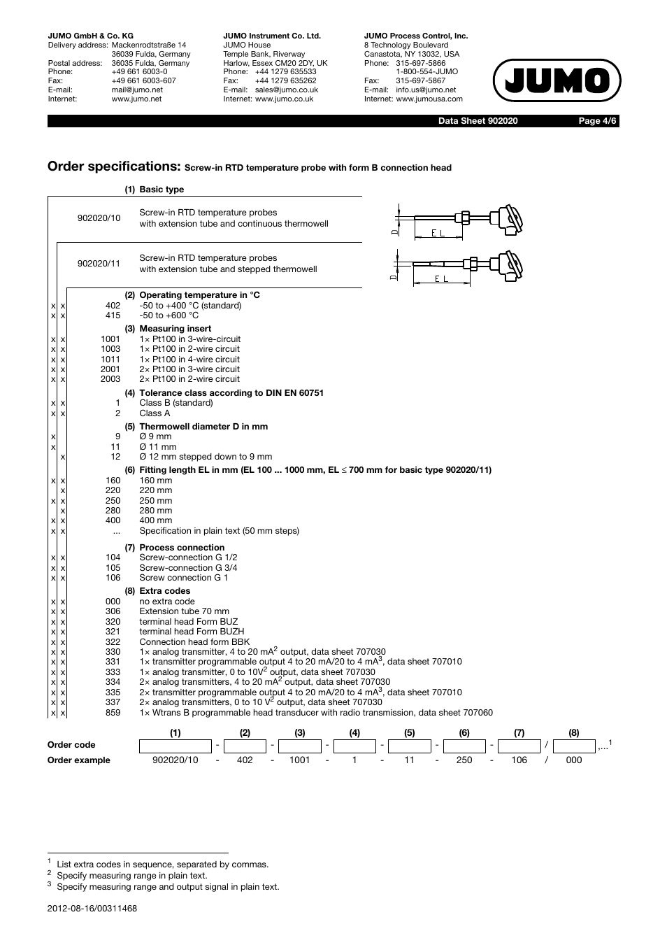 Order specifications | JUMO 902020 Screw-in RTD Temperature Probe with Form B Terminal Head Data Sheet User Manual | Page 4 / 6