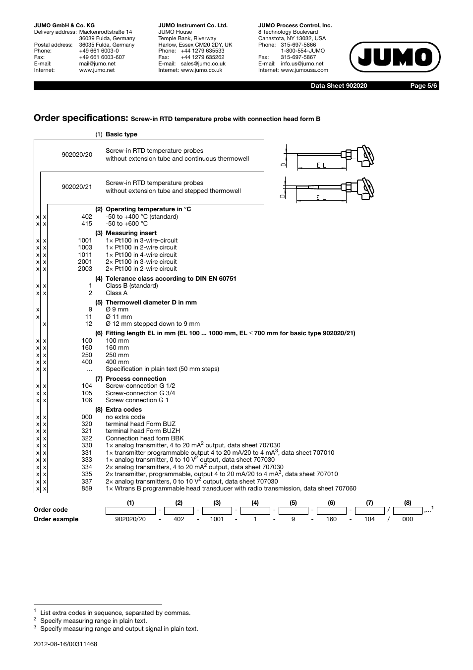 Order specifications | JUMO 902020 Screw-in RTD Temperature Probe with Form B Terminal Head Data Sheet User Manual | Page 5 / 6