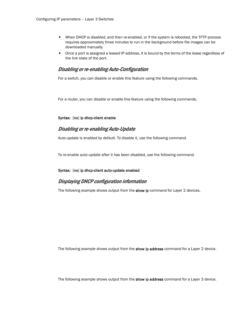 Disabling or re-enabling auto-configuration, Disabling or re-enabling, Auto-update | Disabling or re-enabling auto-update, Displaying dhcp configuration information | Brocade Communications Systems Layer 3 Routing Configuration ICX 6650 User Manual | Page 104 / 494