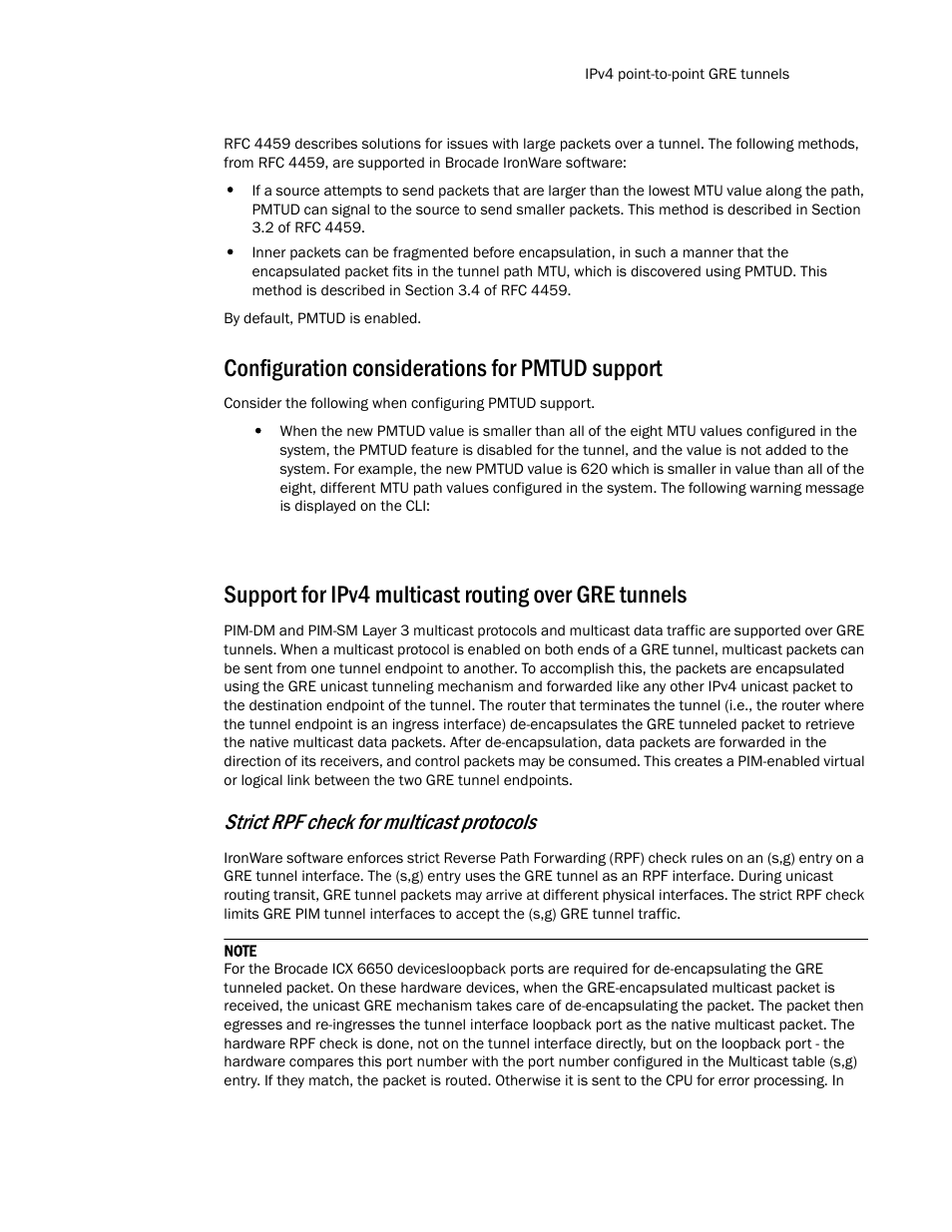 Configuration considerations for pmtud support, Strict rpf check for multicast protocols | Brocade Communications Systems Layer 3 Routing Configuration ICX 6650 User Manual | Page 115 / 494