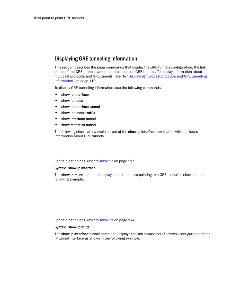 Displaying gre tunneling information, Displaying gre tunneling, Information | Brocade Communications Systems Layer 3 Routing Configuration ICX 6650 User Manual | Page 126 / 494