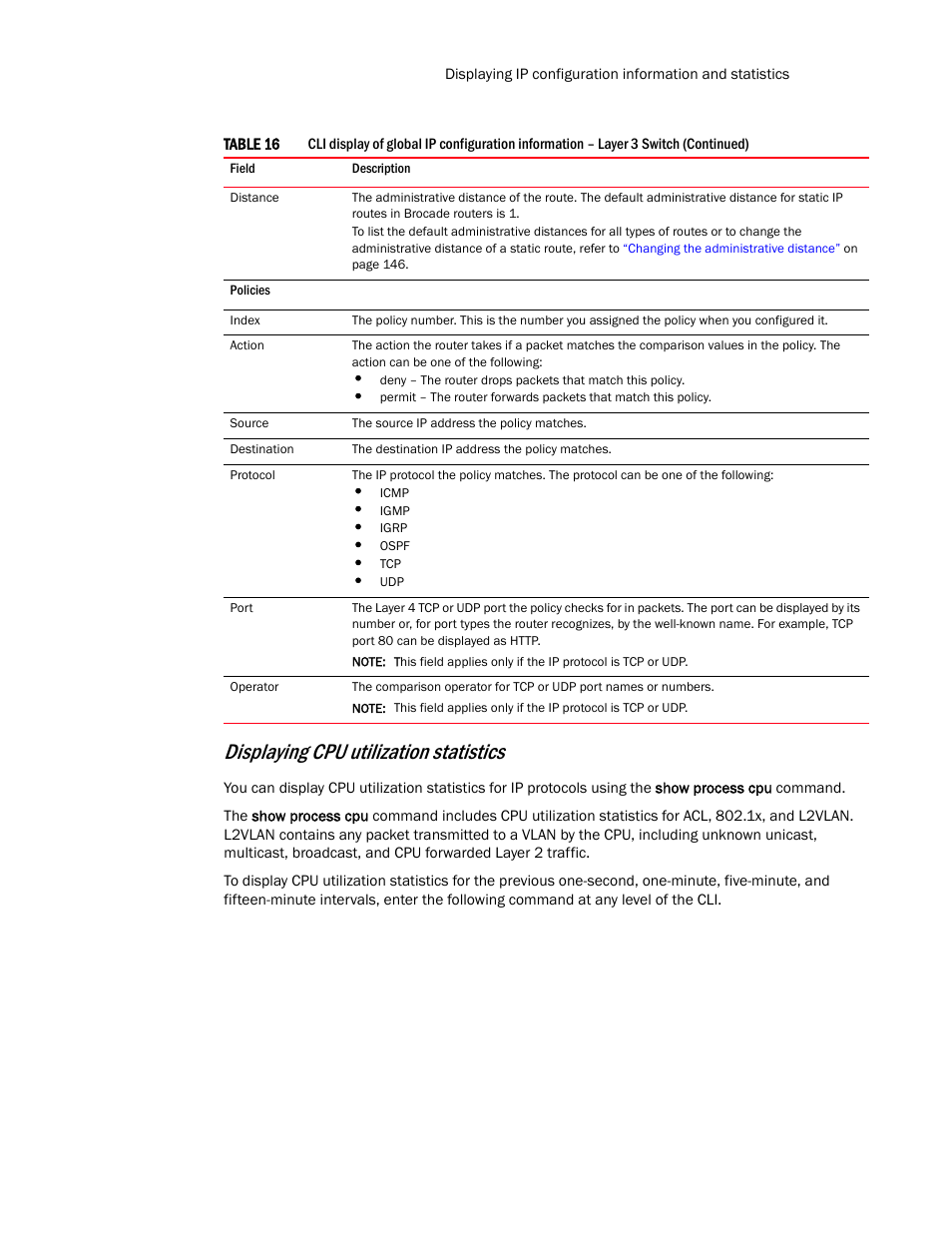 Displaying cpu utilization statistics | Brocade Communications Systems Layer 3 Routing Configuration ICX 6650 User Manual | Page 133 / 494