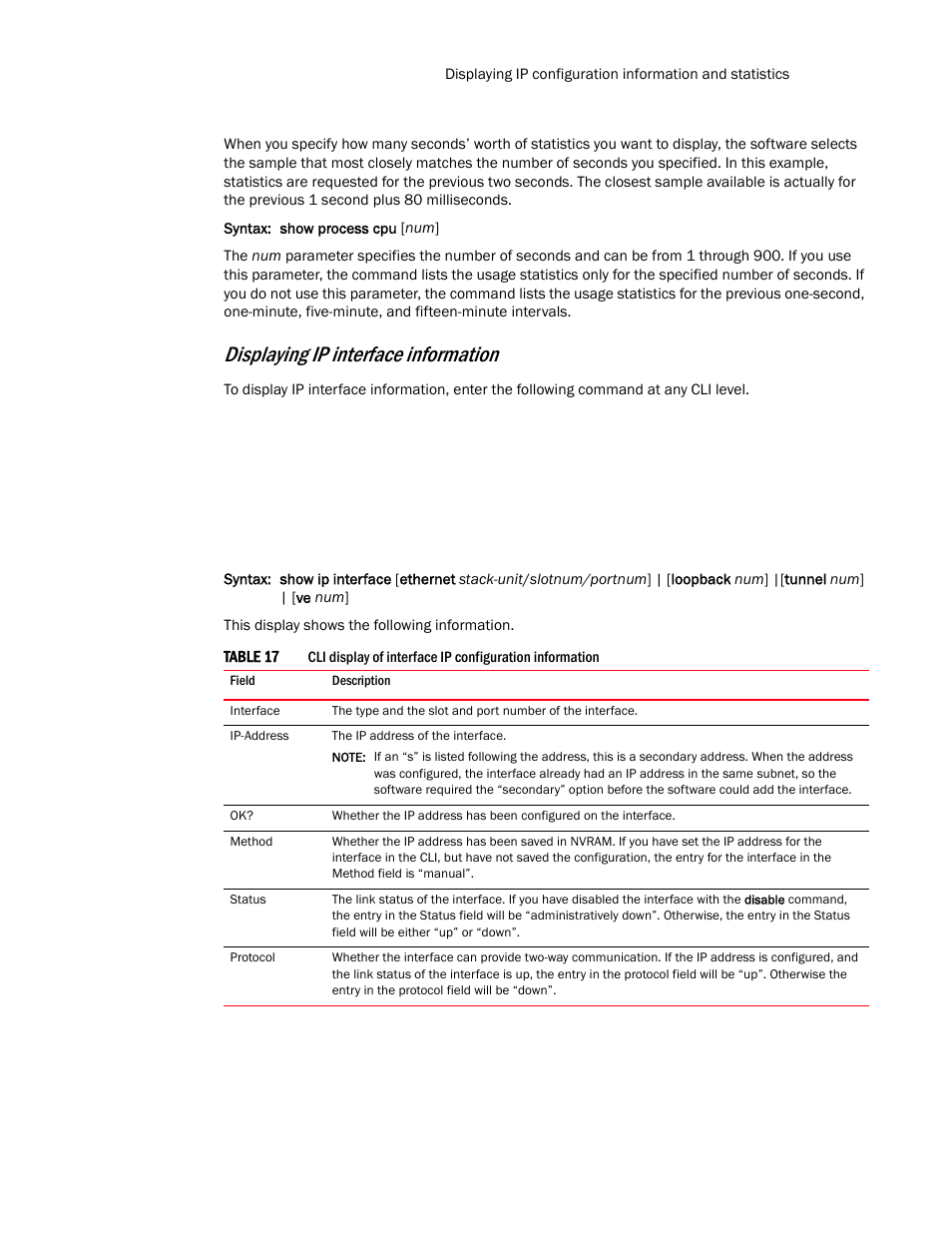 Table 17, Displaying ip interface information | Brocade Communications Systems Layer 3 Routing Configuration ICX 6650 User Manual | Page 135 / 494