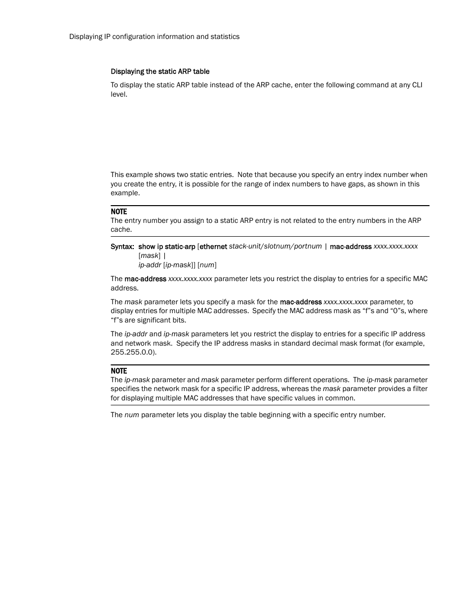 Displaying the static arp table | Brocade Communications Systems Layer 3 Routing Configuration ICX 6650 User Manual | Page 138 / 494