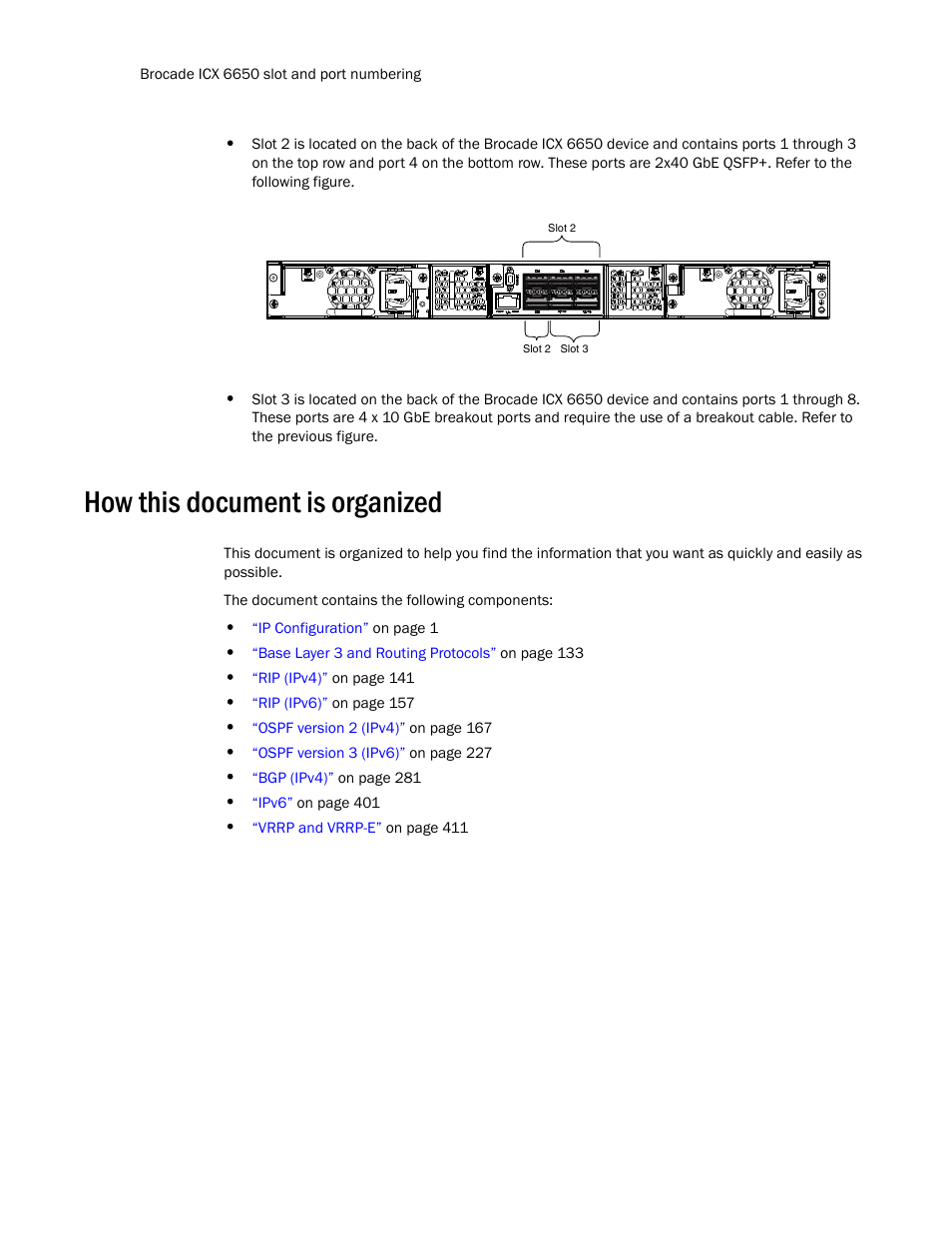 How this document is organized | Brocade Communications Systems Layer 3 Routing Configuration ICX 6650 User Manual | Page 14 / 494