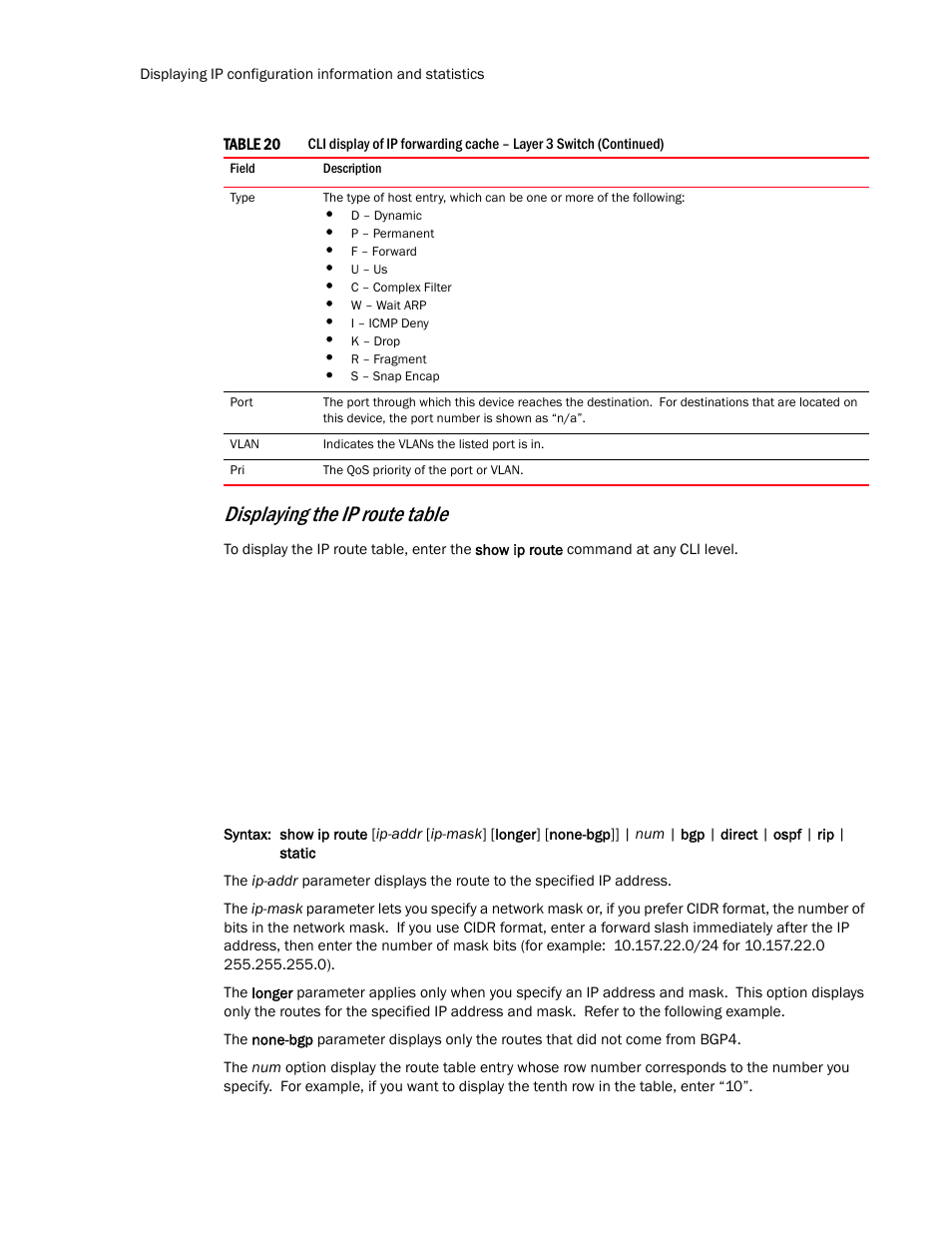 Displaying the ip route table | Brocade Communications Systems Layer 3 Routing Configuration ICX 6650 User Manual | Page 140 / 494