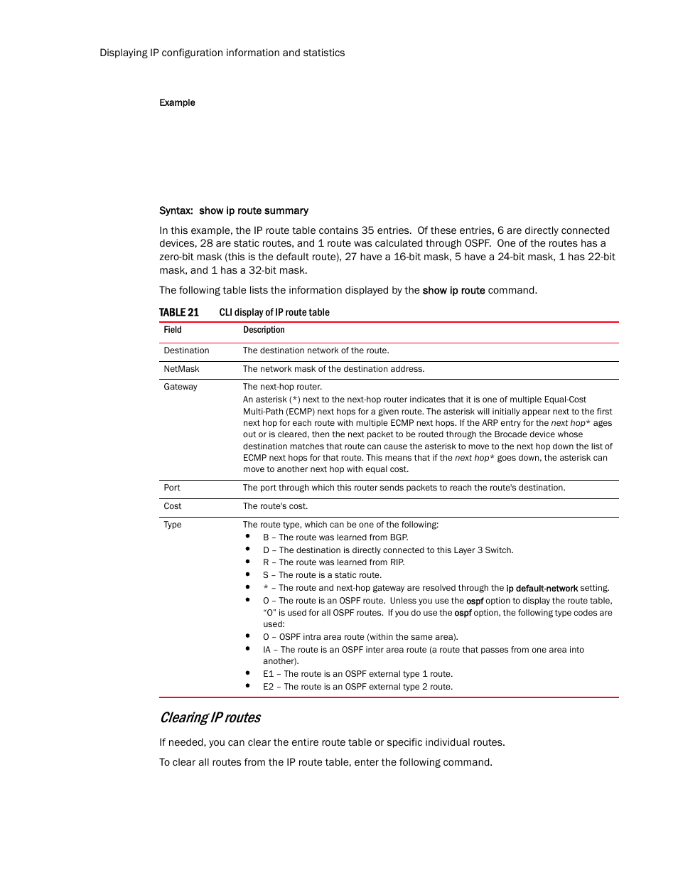 Clearing ip routes, Table 21 | Brocade Communications Systems Layer 3 Routing Configuration ICX 6650 User Manual | Page 142 / 494