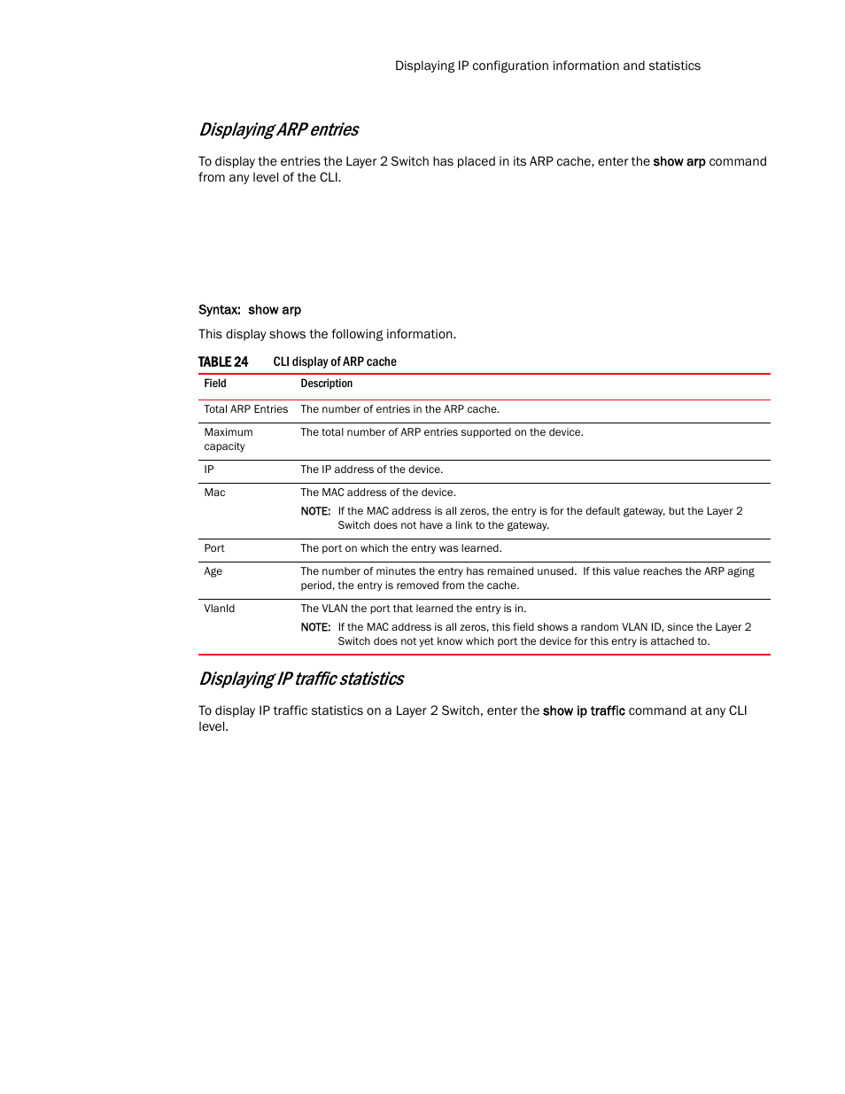 Displaying arp entries, Displaying ip traffic statistics | Brocade Communications Systems Layer 3 Routing Configuration ICX 6650 User Manual | Page 147 / 494