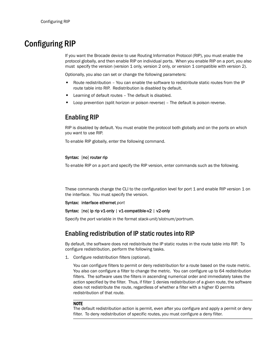 Configuring rip, Enabling rip | Brocade Communications Systems Layer 3 Routing Configuration ICX 6650 User Manual | Page 154 / 494