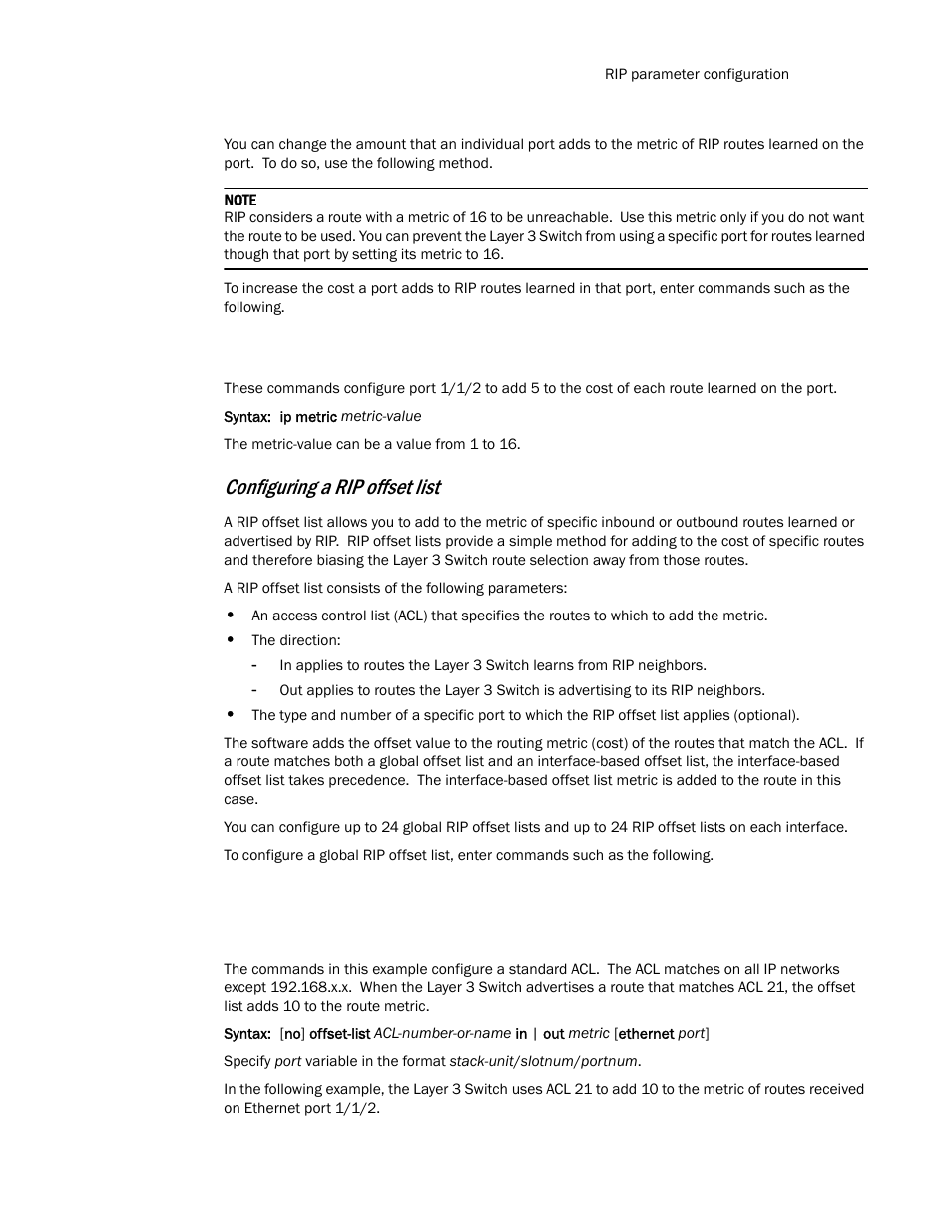 Configuring a rip offset list | Brocade Communications Systems Layer 3 Routing Configuration ICX 6650 User Manual | Page 163 / 494