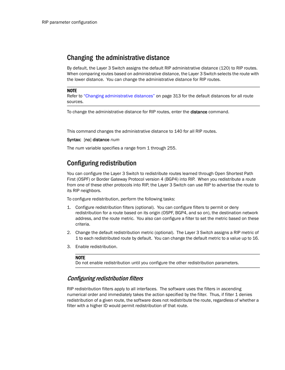 Changing the administrative distance, Configuring redistribution, Configuring redistribution filters | Brocade Communications Systems Layer 3 Routing Configuration ICX 6650 User Manual | Page 164 / 494