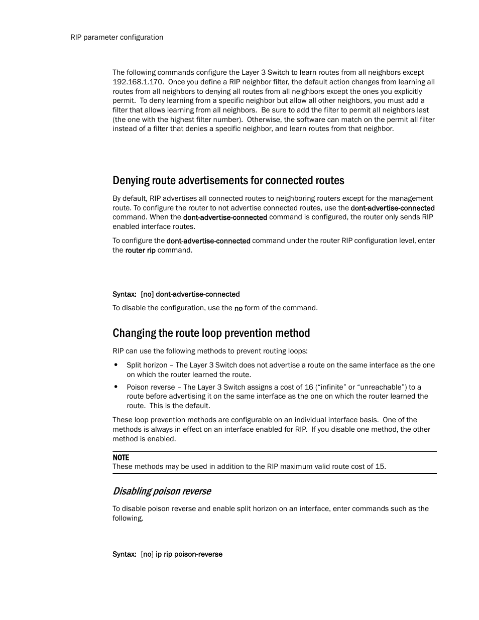 Denying route advertisements for connected routes, Changing the route loop prevention method, Disabling poison reverse | Brocade Communications Systems Layer 3 Routing Configuration ICX 6650 User Manual | Page 168 / 494