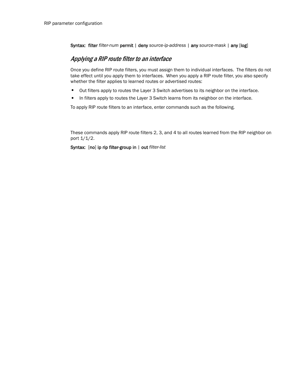 Applying a rip route filter to an interface | Brocade Communications Systems Layer 3 Routing Configuration ICX 6650 User Manual | Page 170 / 494