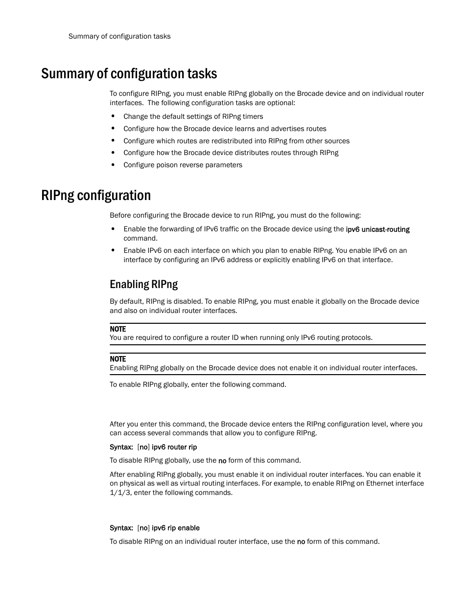 Summary of configuration tasks, Ripng configuration, Enabling ripng | Brocade Communications Systems Layer 3 Routing Configuration ICX 6650 User Manual | Page 176 / 494