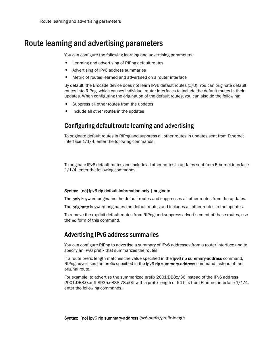 Route learning and advertising parameters, Configuring default route learning and advertising, Advertising ipv6 address summaries | Brocade Communications Systems Layer 3 Routing Configuration ICX 6650 User Manual | Page 178 / 494