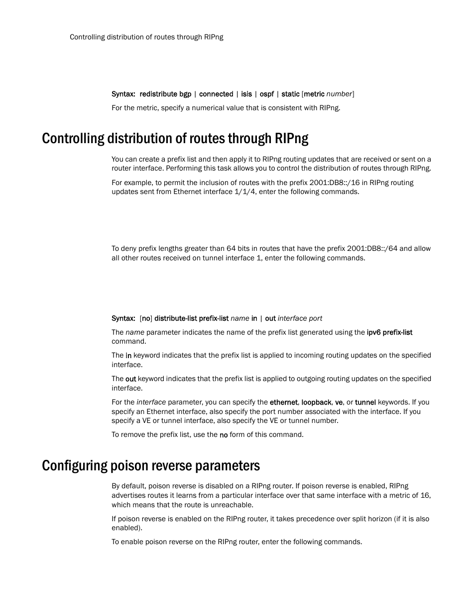 Controlling distribution of routes through ripng, Configuring poison reverse parameters | Brocade Communications Systems Layer 3 Routing Configuration ICX 6650 User Manual | Page 180 / 494