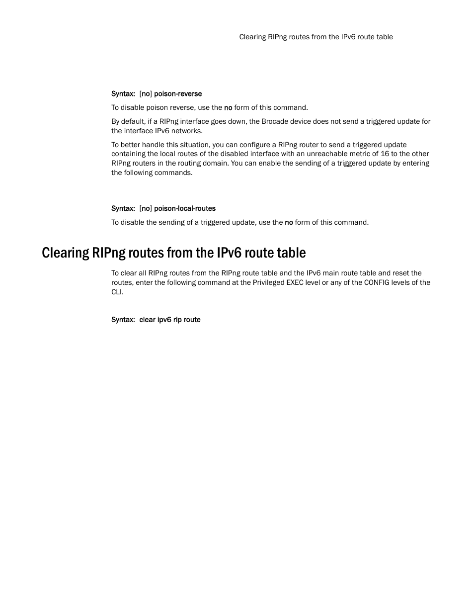 Clearing ripng routes from the ipv6 route table | Brocade Communications Systems Layer 3 Routing Configuration ICX 6650 User Manual | Page 181 / 494