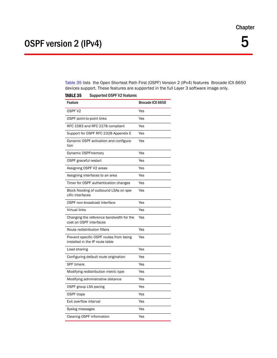 Ospf version 2 (ipv4), Chapter 5, Chapter 5, “ospf version 2 (ipv4) | Chapter | Brocade Communications Systems Layer 3 Routing Configuration ICX 6650 User Manual | Page 185 / 494