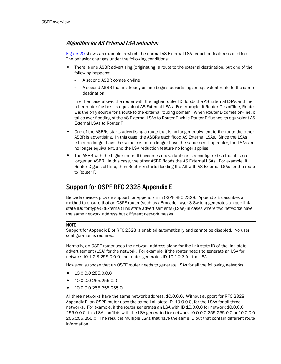 Support for ospf rfc 2328 appendix e, Algorithm for as external lsa reduction | Brocade Communications Systems Layer 3 Routing Configuration ICX 6650 User Manual | Page 192 / 494