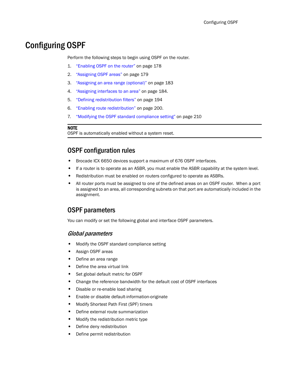 Configuring ospf, Ospf configuration rules, Ospf parameters | Global parameters | Brocade Communications Systems Layer 3 Routing Configuration ICX 6650 User Manual | Page 195 / 494