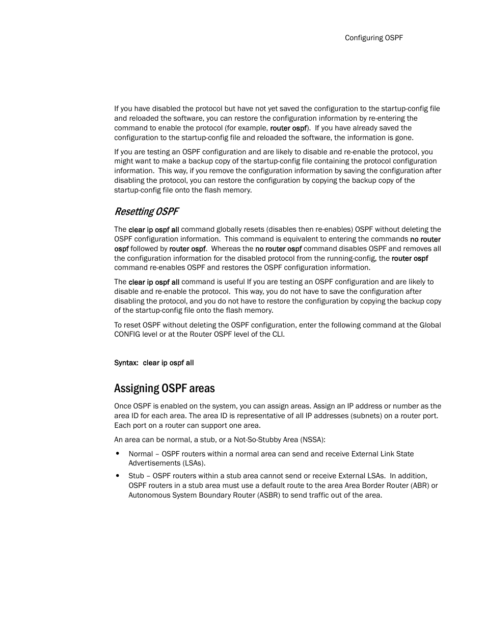 Assigning ospf areas, Resetting ospf | Brocade Communications Systems Layer 3 Routing Configuration ICX 6650 User Manual | Page 197 / 494