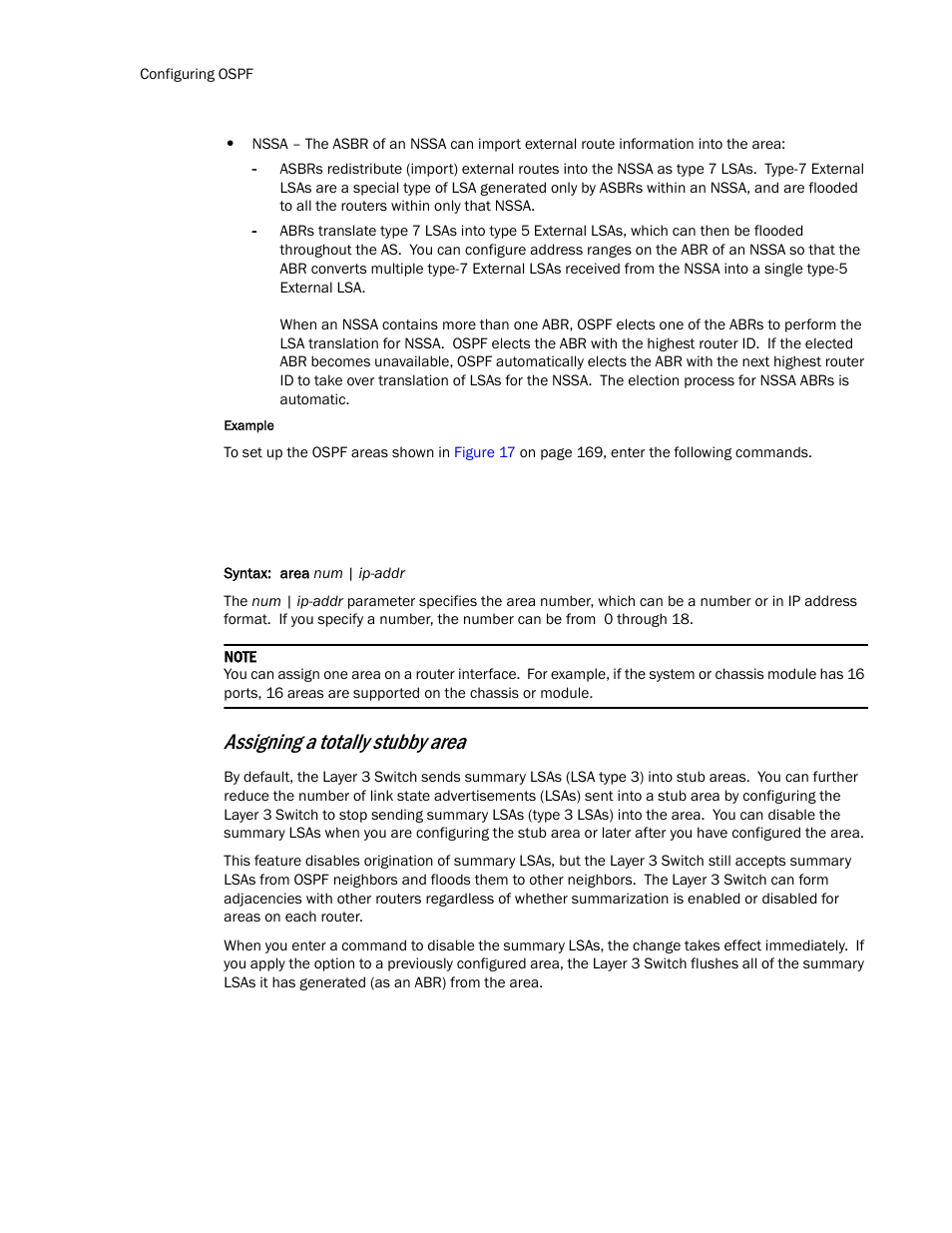 Assigning a totally stubby area | Brocade Communications Systems Layer 3 Routing Configuration ICX 6650 User Manual | Page 198 / 494