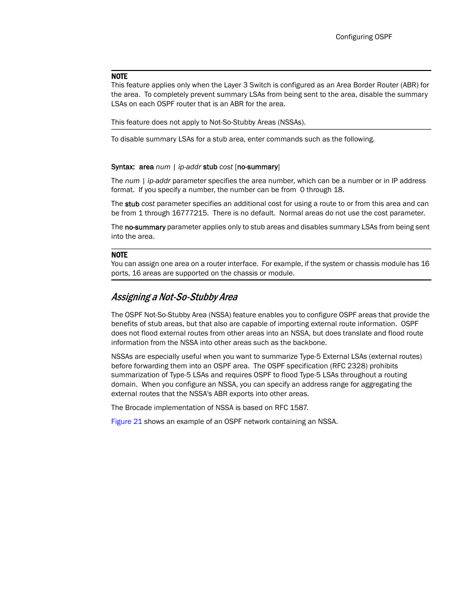 Assigning a not-so-stubby area | Brocade Communications Systems Layer 3 Routing Configuration ICX 6650 User Manual | Page 199 / 494