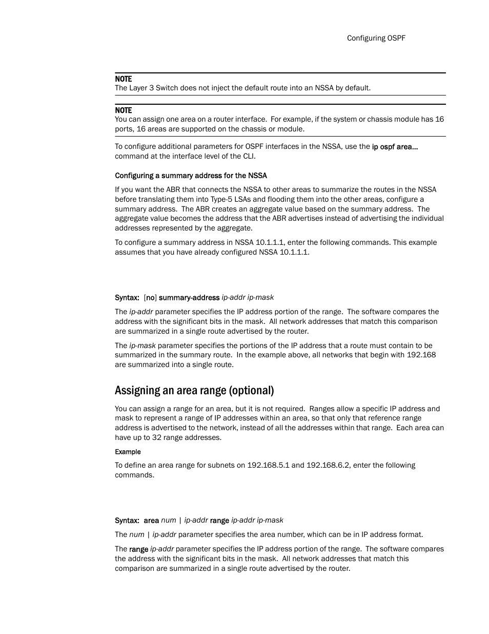 Assigning an area range (optional) | Brocade Communications Systems Layer 3 Routing Configuration ICX 6650 User Manual | Page 201 / 494