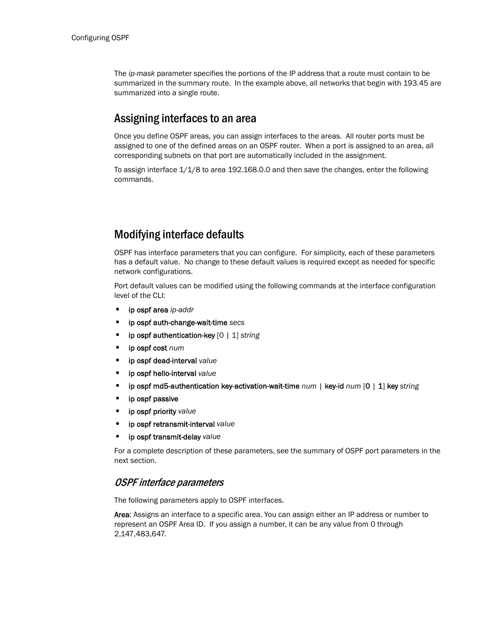 Assigning interfaces to an area, Modifying interface defaults, Ospf interface parameters | Brocade Communications Systems Layer 3 Routing Configuration ICX 6650 User Manual | Page 202 / 494