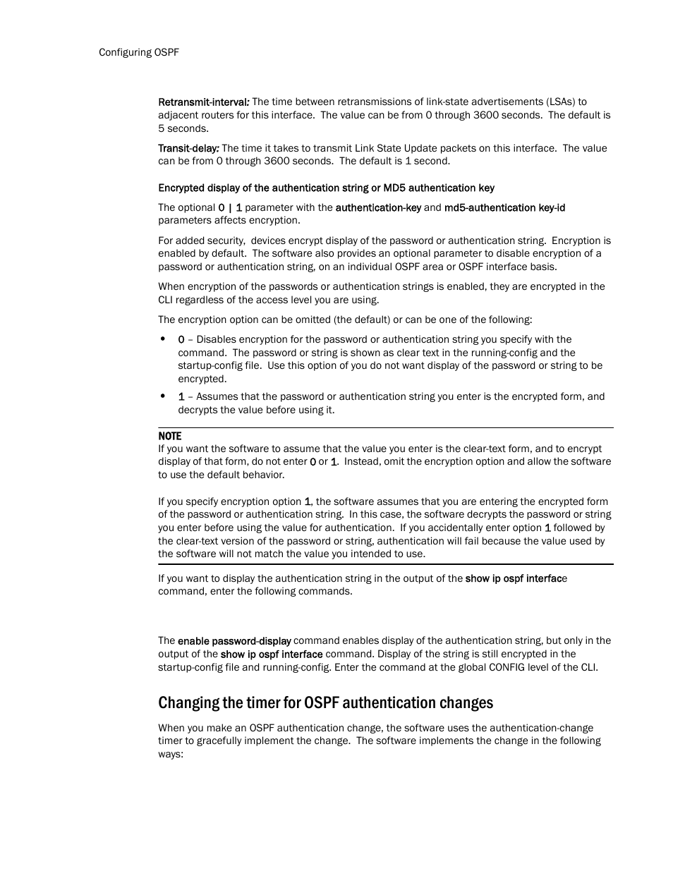 Changing the timer for ospf authentication changes | Brocade Communications Systems Layer 3 Routing Configuration ICX 6650 User Manual | Page 204 / 494