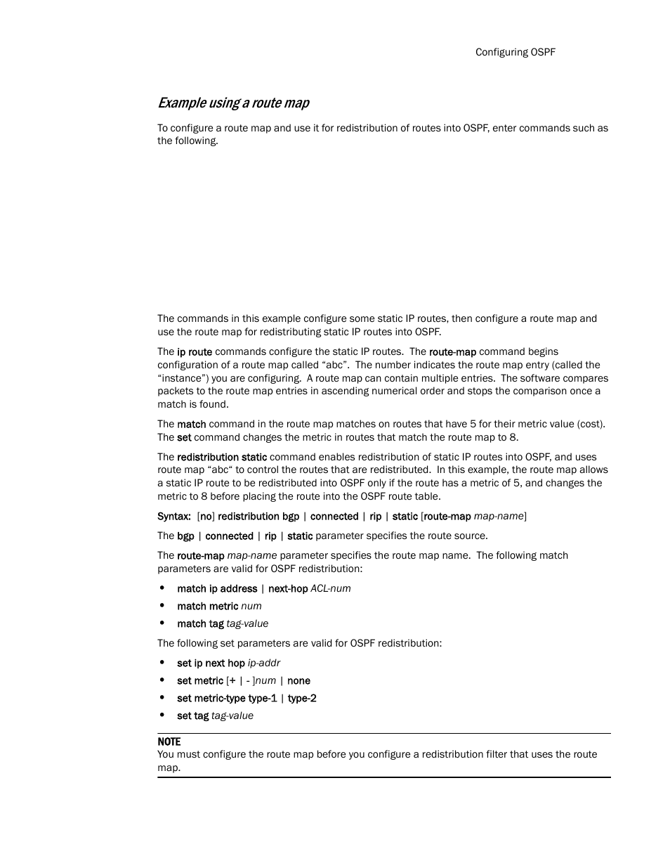 Example using a route map | Brocade Communications Systems Layer 3 Routing Configuration ICX 6650 User Manual | Page 219 / 494