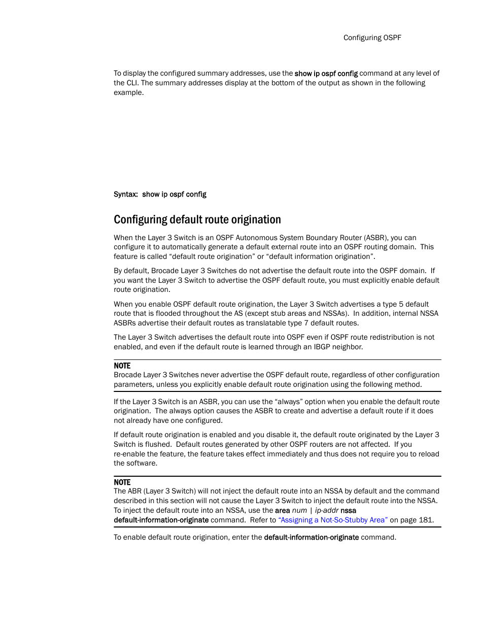 Configuring default route origination | Brocade Communications Systems Layer 3 Routing Configuration ICX 6650 User Manual | Page 223 / 494