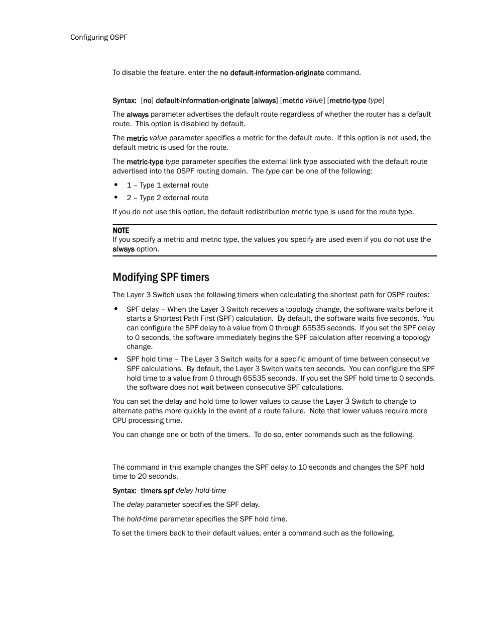 Modifying spf timers | Brocade Communications Systems Layer 3 Routing Configuration ICX 6650 User Manual | Page 224 / 494