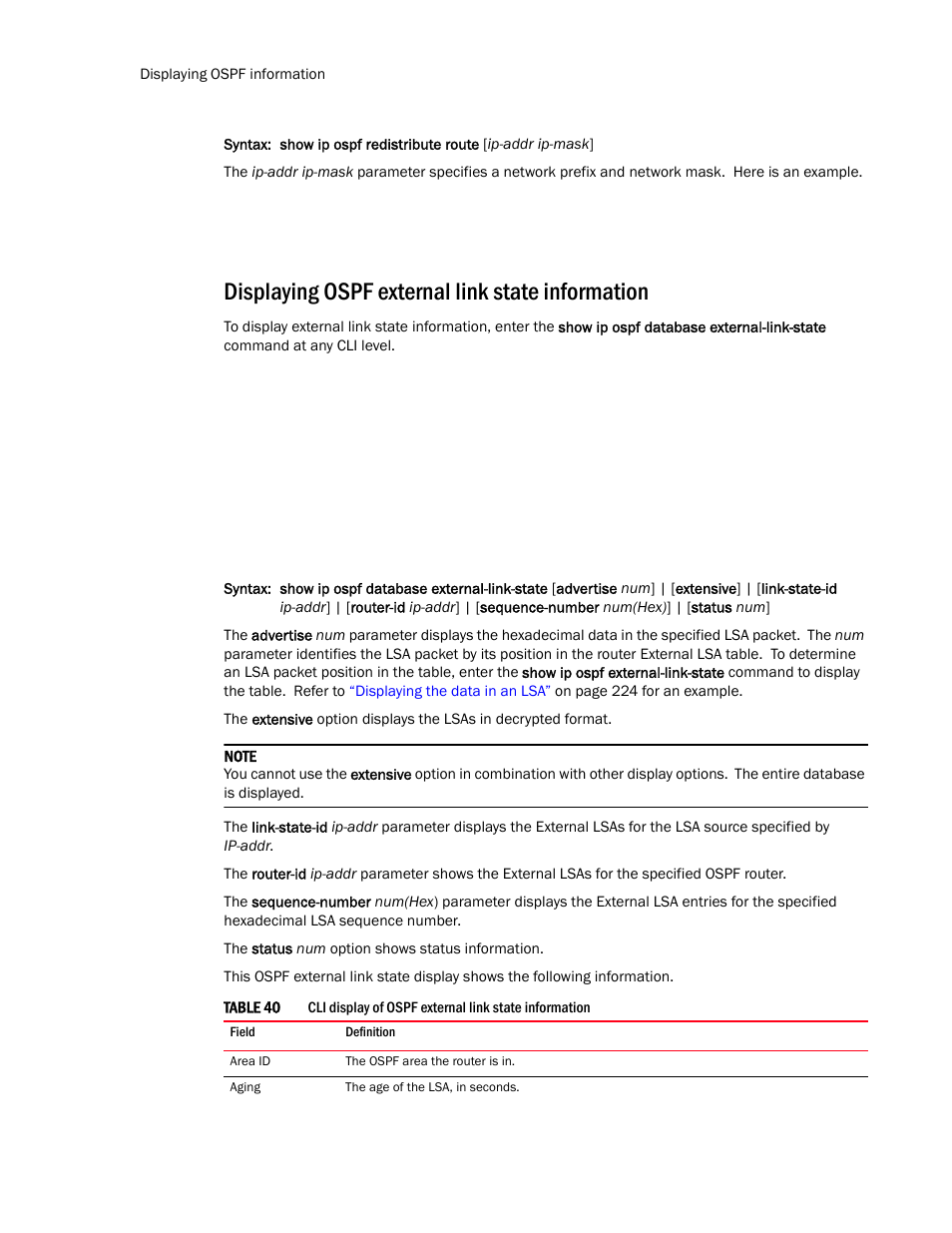 Displaying ospf external link state information | Brocade Communications Systems Layer 3 Routing Configuration ICX 6650 User Manual | Page 240 / 494