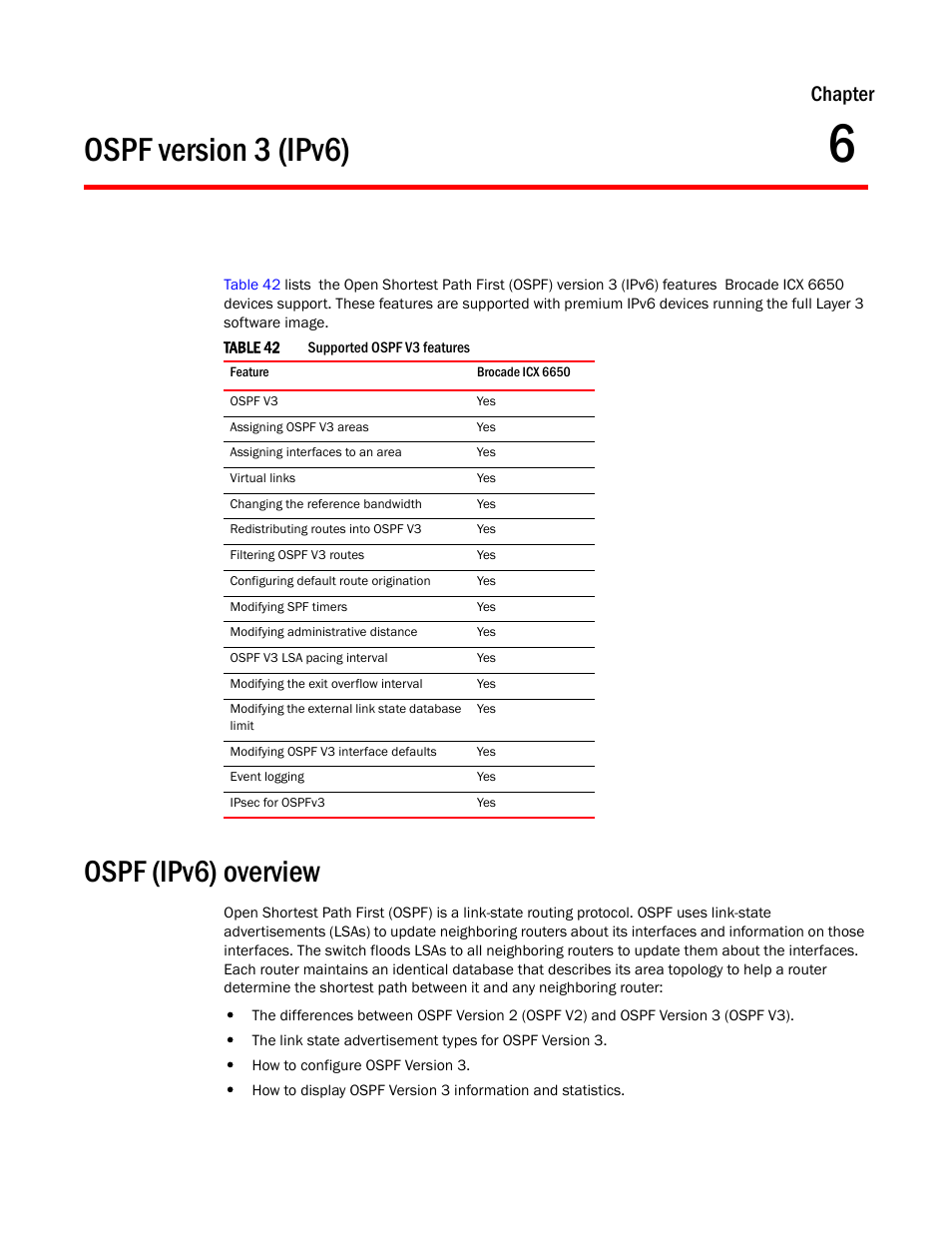 Ospf version 3 (ipv6), Ospf (ipv6) overview, Chapter 6 | Chapter | Brocade Communications Systems Layer 3 Routing Configuration ICX 6650 User Manual | Page 245 / 494