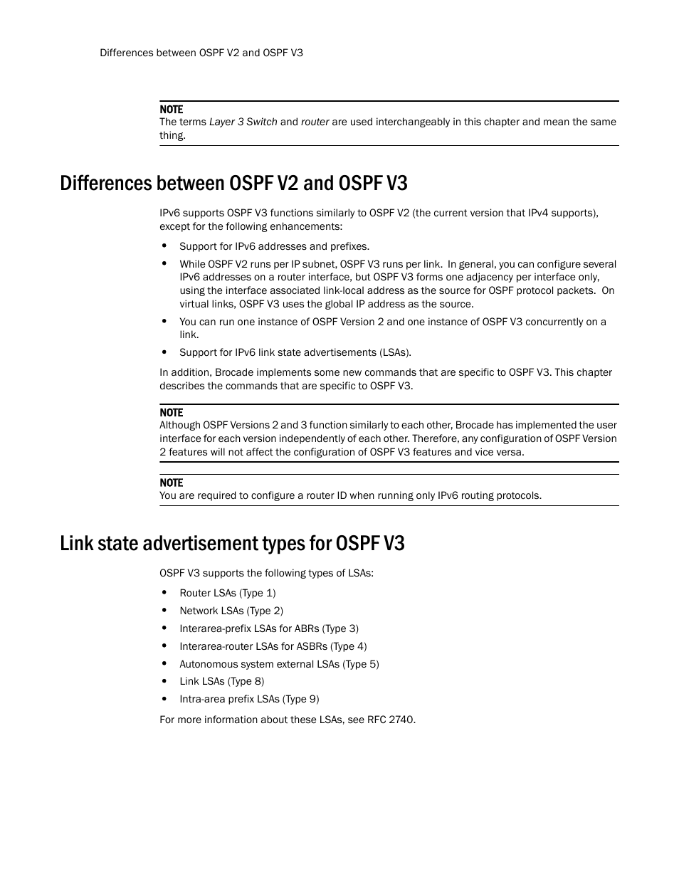 Differences between ospf v2 and ospf v3, Link state advertisement types for ospf v3 | Brocade Communications Systems Layer 3 Routing Configuration ICX 6650 User Manual | Page 246 / 494