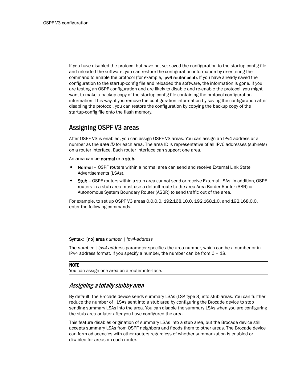 Assigning ospf v3 areas, Assigning a totally stubby area | Brocade Communications Systems Layer 3 Routing Configuration ICX 6650 User Manual | Page 248 / 494