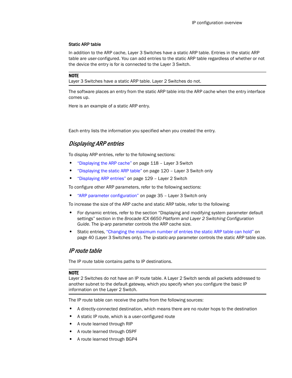 Displaying arp entries, Ip route table | Brocade Communications Systems Layer 3 Routing Configuration ICX 6650 User Manual | Page 25 / 494