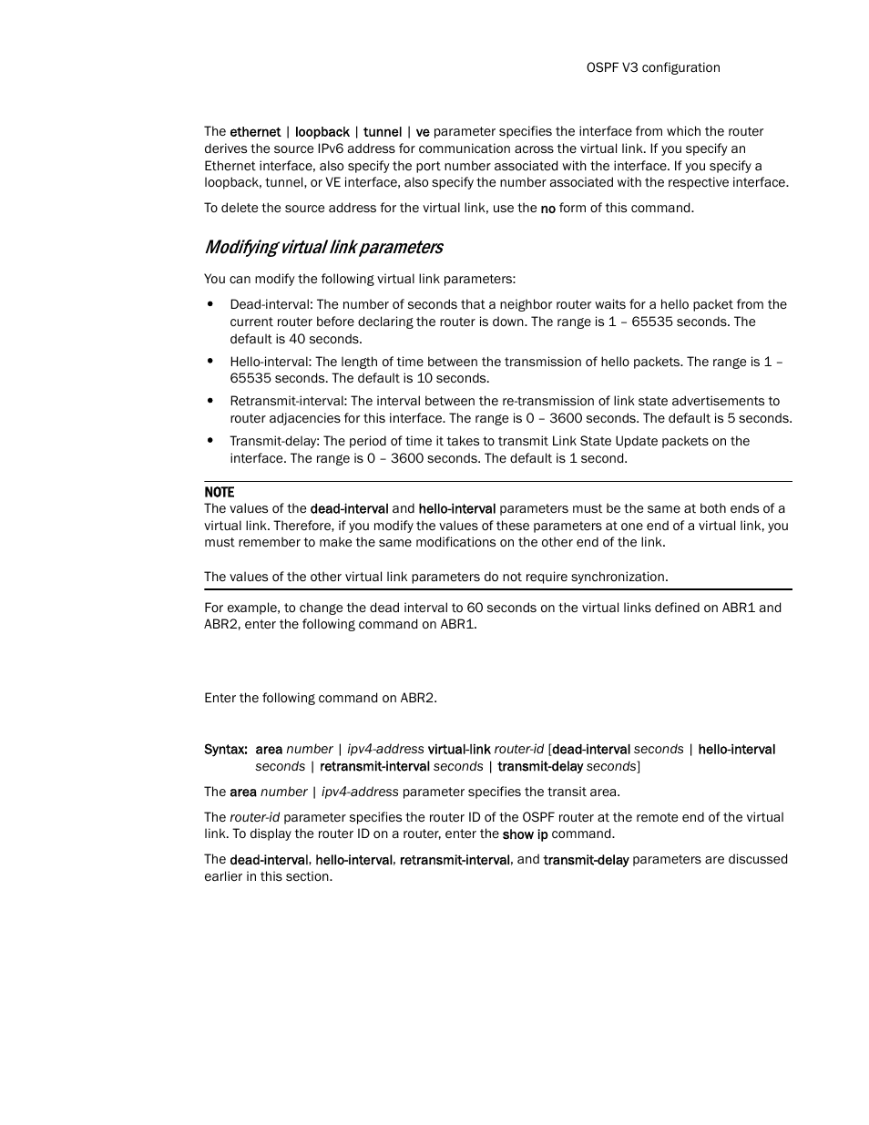 Modifying virtual link parameters | Brocade Communications Systems Layer 3 Routing Configuration ICX 6650 User Manual | Page 251 / 494