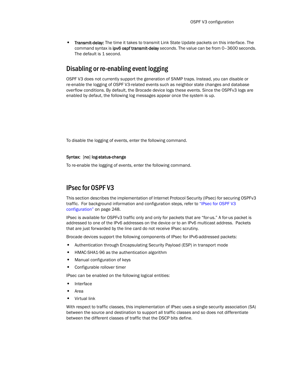 Disabling or re-enabling event logging, Ipsec for ospf v3 | Brocade Communications Systems Layer 3 Routing Configuration ICX 6650 User Manual | Page 265 / 494