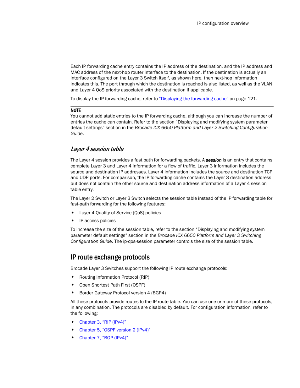 Ip route exchange protocols, Layer 4 session table | Brocade Communications Systems Layer 3 Routing Configuration ICX 6650 User Manual | Page 27 / 494