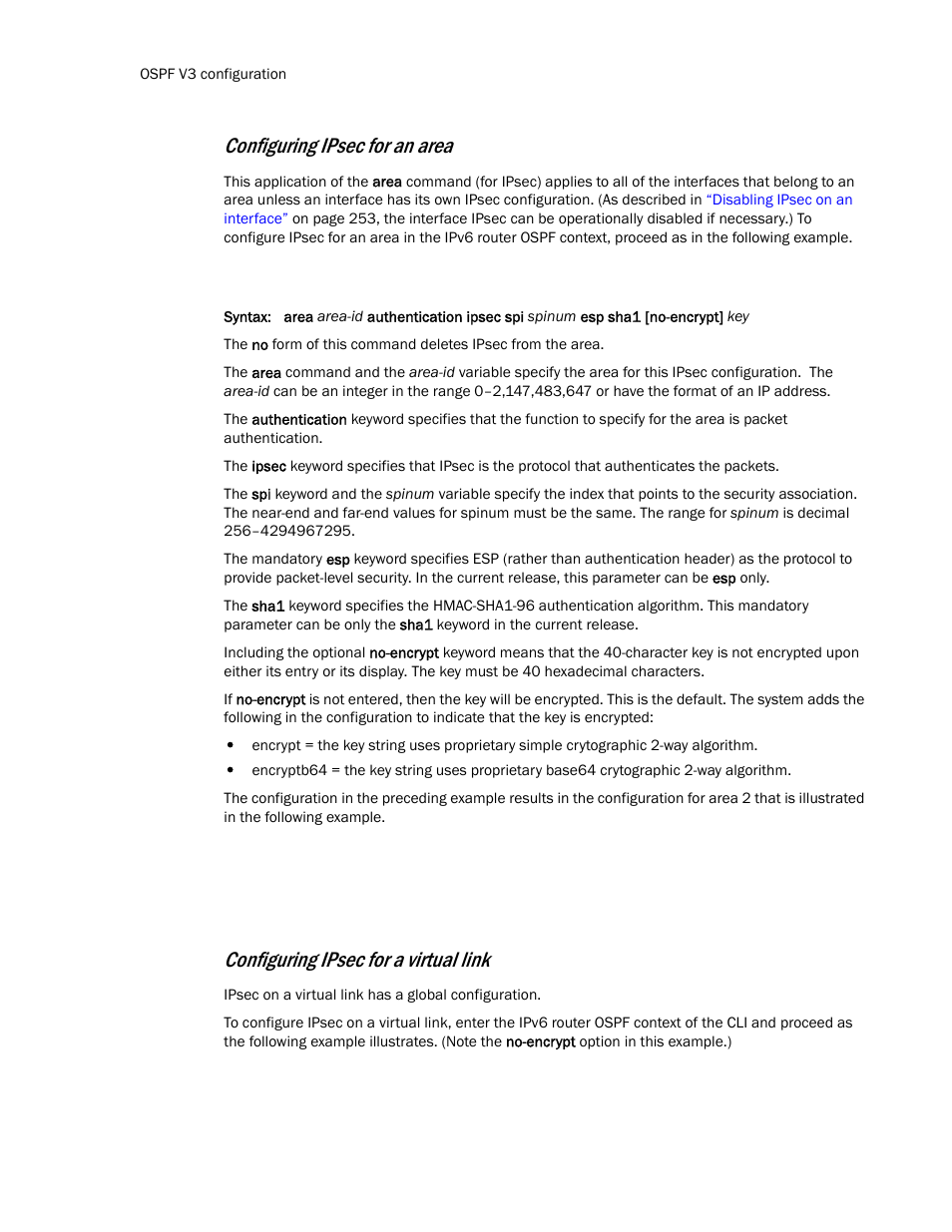 Configuring ipsec for an area, Configuring ipsec for a virtual link | Brocade Communications Systems Layer 3 Routing Configuration ICX 6650 User Manual | Page 270 / 494