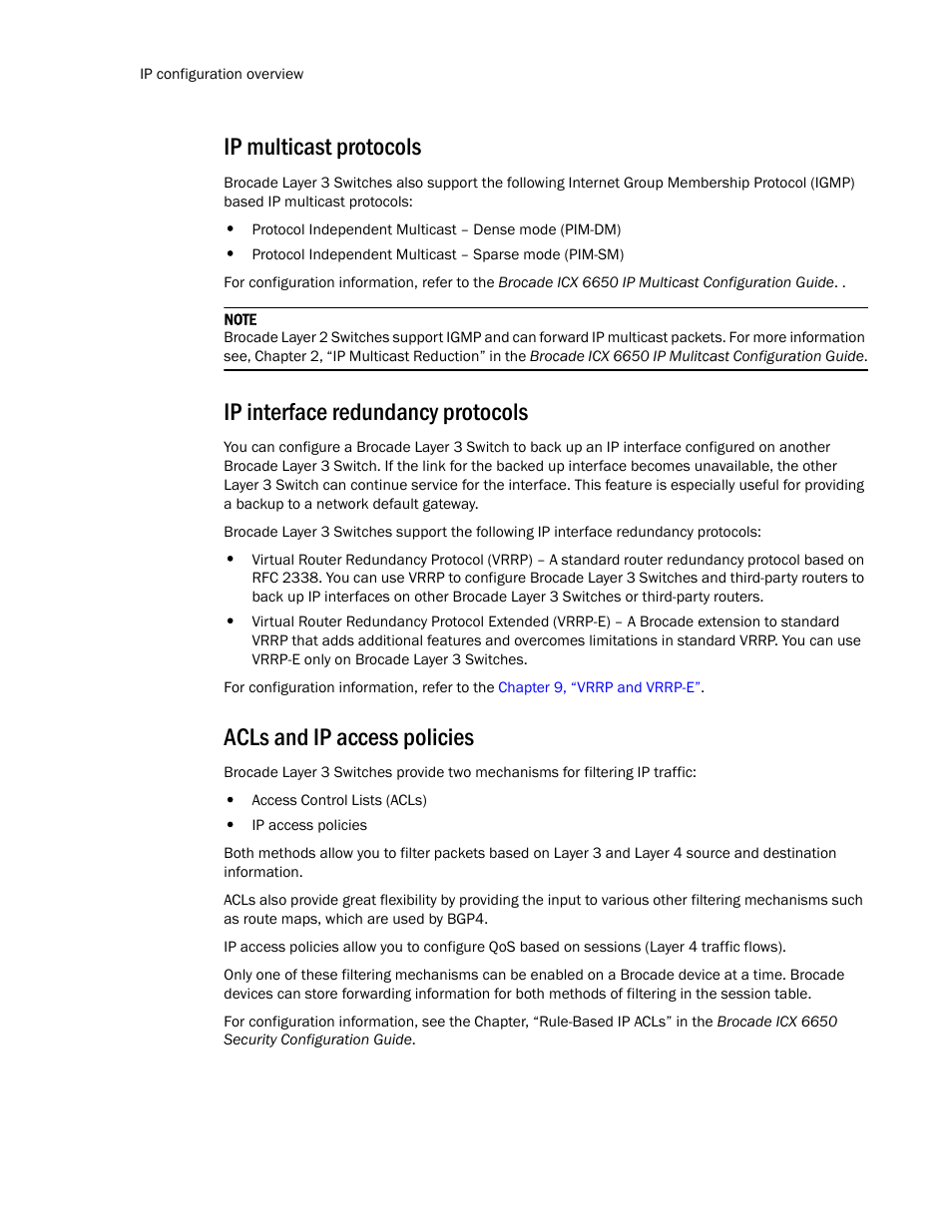 Ip multicast protocols, Ip interface redundancy protocols, Acls and ip access policies | Brocade Communications Systems Layer 3 Routing Configuration ICX 6650 User Manual | Page 28 / 494