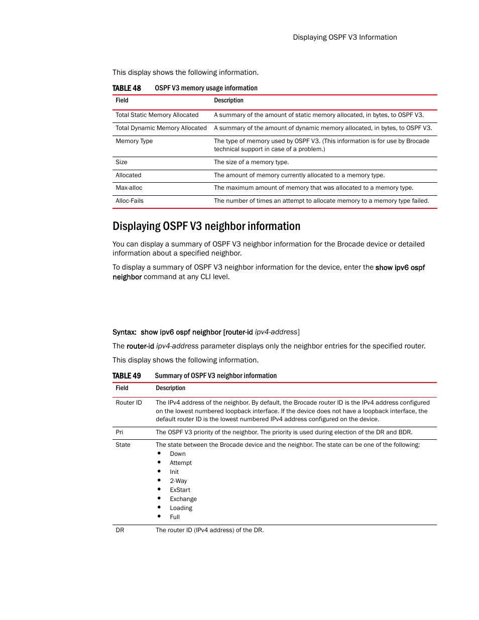 Displaying ospf v3 neighbor information | Brocade Communications Systems Layer 3 Routing Configuration ICX 6650 User Manual | Page 283 / 494