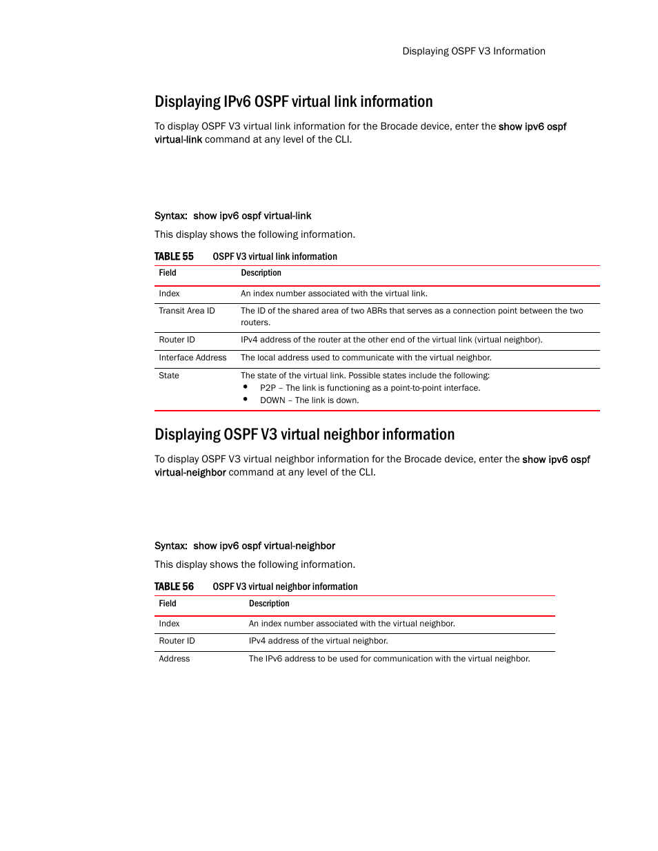 Displaying ipv6 ospf virtual link information, Displaying ospf v3 virtual neighbor information | Brocade Communications Systems Layer 3 Routing Configuration ICX 6650 User Manual | Page 291 / 494