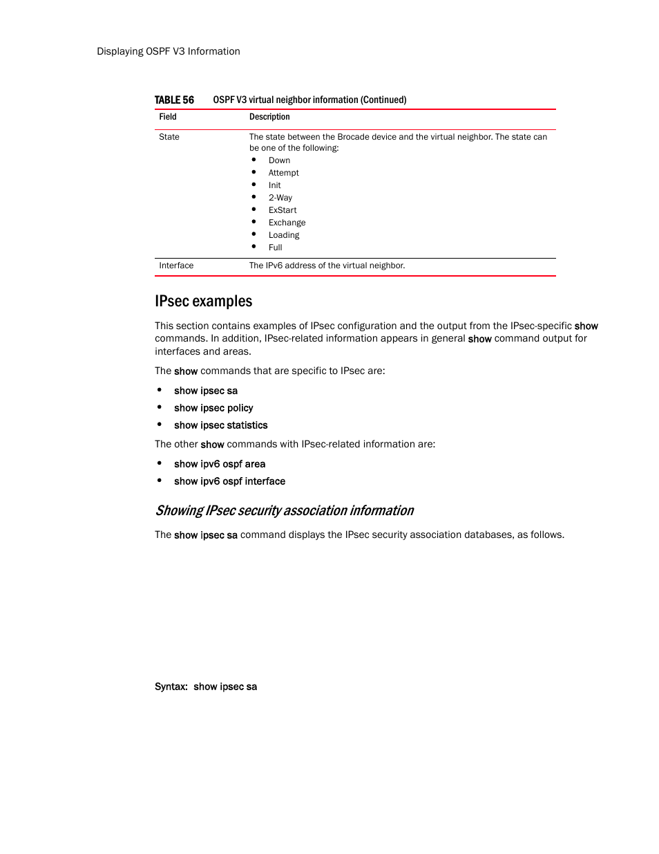 Ipsec examples, Amples, Showing ipsec security association information | Brocade Communications Systems Layer 3 Routing Configuration ICX 6650 User Manual | Page 292 / 494